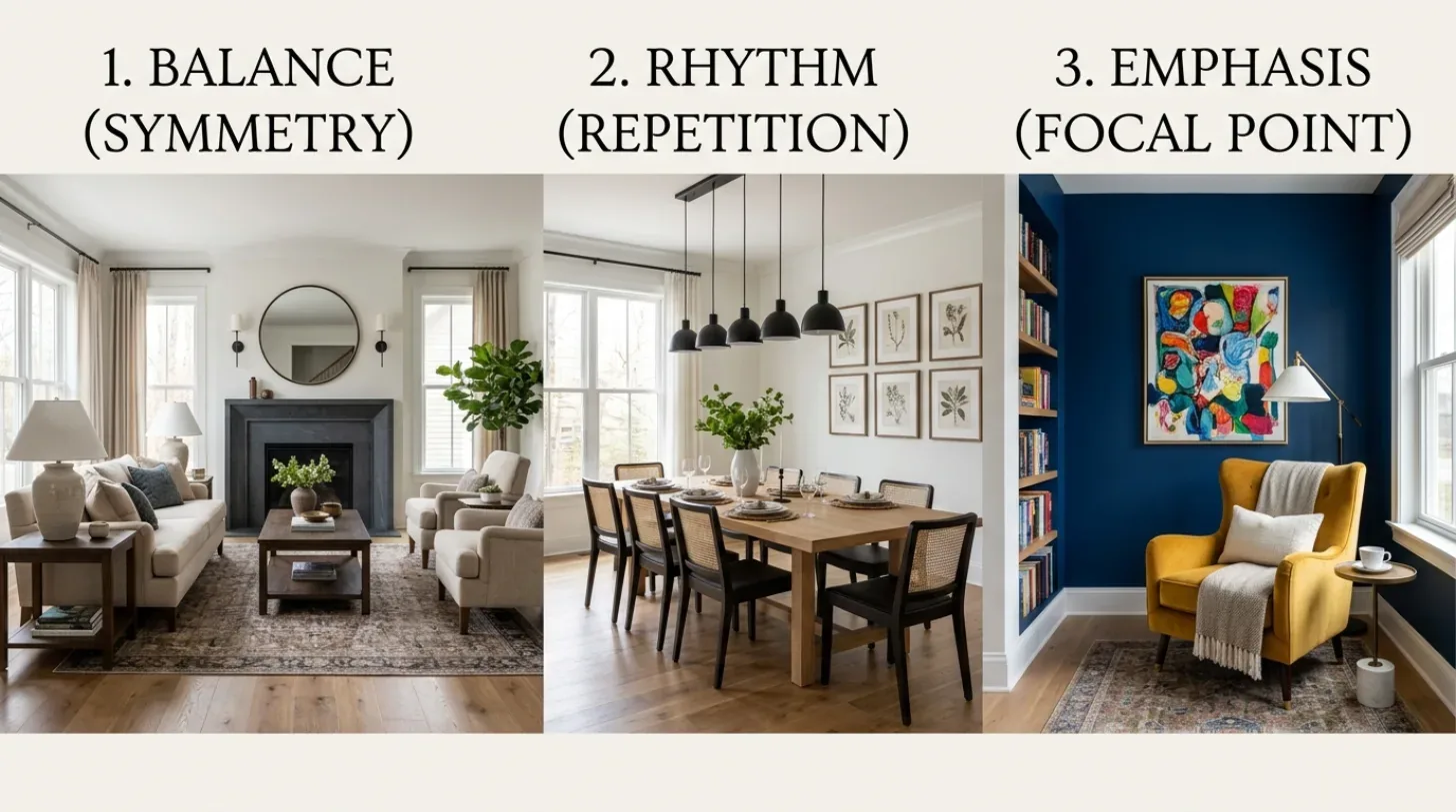 Three interior design examples illustrating balance, rhythm, and emphasis in living and dining room settings