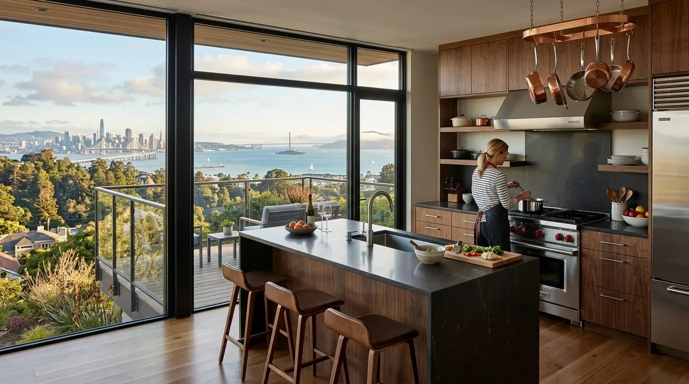 A modern kitchen with wooden cabinetry, a large island with stools, and a woman cooking, overlooking a balcony with a view of a city skyline and bay