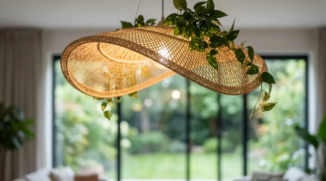 A close-up of a woven rattan pendant light with green plants hanging inside a room with large glass windows showing a garden outside