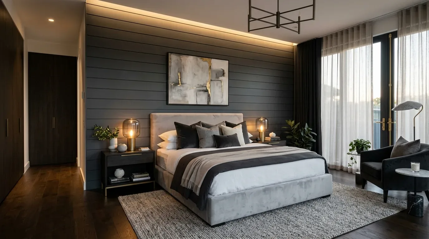 A modern bedroom with a large upholstered bed, dark wood floors, a textured rug, bedside tables with lamps, abstract wall art, and large windows with sheer curtains