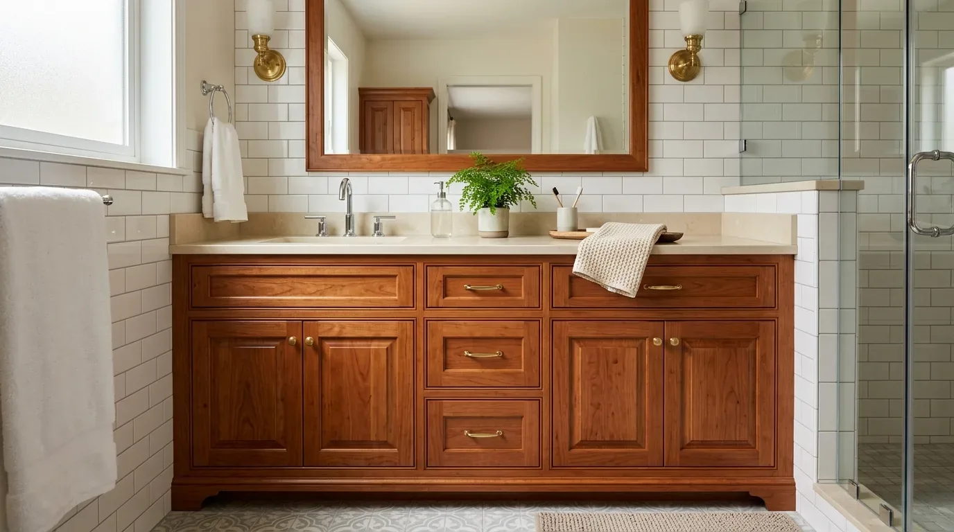 A bathroom vanity with wooden cabinets, a large mirror, white subway tile walls, and a glass shower enclosure
